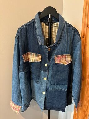Young Threads Patchwork Indigo Denim Jacket with Plaid Accents XL